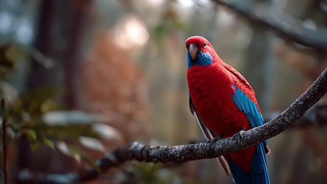 A crimson rosella gently landing on a tree branch in a serene forest environment