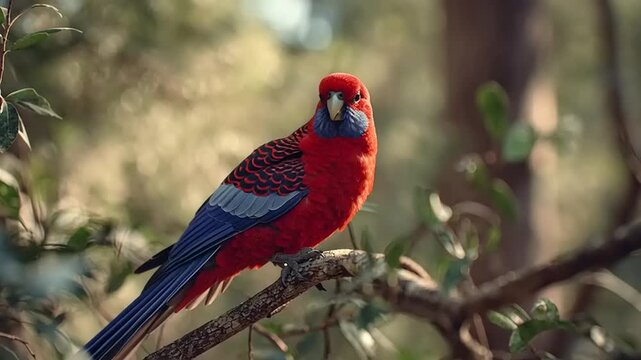 Crimson rosella landing gently on a tree branch in a lush forest environment, serene natural scene captured in high definition video