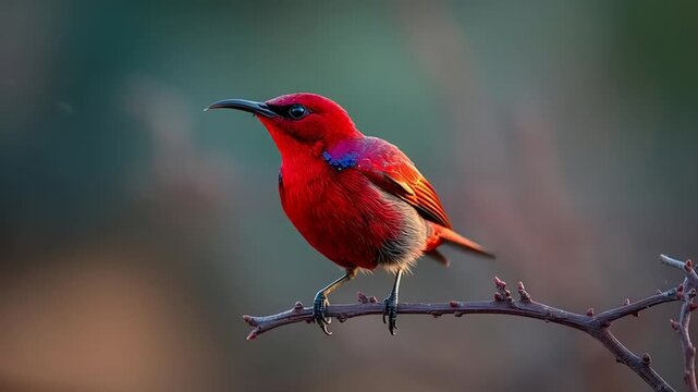 Crimson sunbird landing softly on a thin branch in a natural setting, captured in high definition video