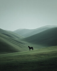 Lone Horse on Green Rolling Hill Landscape