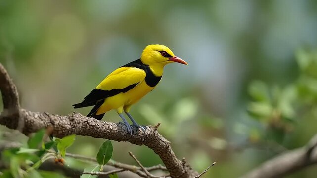 A golden oriole landing calmly on a tree branch in a lush forest