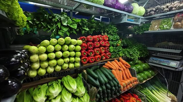 Zoom out of colorful vegetables at a market stall, vibrant and fresh