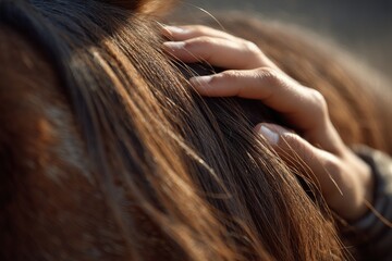 Fototapeta premium Close-up of a hand gently stroking the mane of a brown horse, showcasing the texture of the hair and the person's fingers
