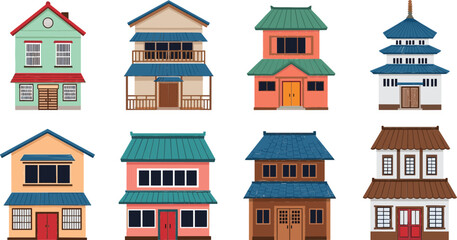 Colorful cartoon house building vector set with different home styles, facades, and residential architecture designs for real estate, games, and city illustrations