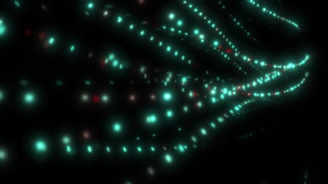 Green Data Flow Tenticle Particles Glowing on Black Background Weaving Organically. Information Digital Technology Visualization for Business Presentations and videos about AI, computing.