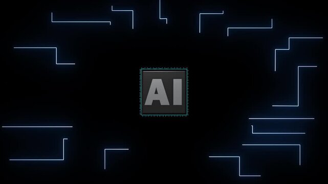 Semiconductor AI chip moving into place in 3D. Brilliant blue light pulses through intricate nanocircuits, representing rapid cloud processing and next-gen digital logic. Machine learning animation.