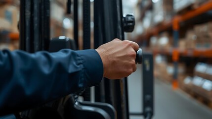 Warehouse worker operating forklift in modern distribution center