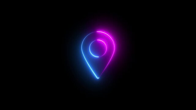 Neon location sign icon animation glowing pink and blue color pointer map address tracking direction journey tags icon footage effect sign symbol on black background