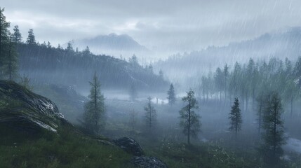 Fototapeta premium Misty mountain valley drenched in rain. Lush green landscape under a cloudy sky