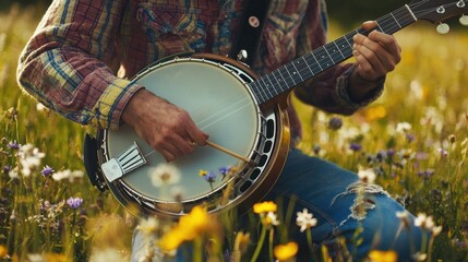 Naklejka premium Close-up of a person playing a banjo in a flower field