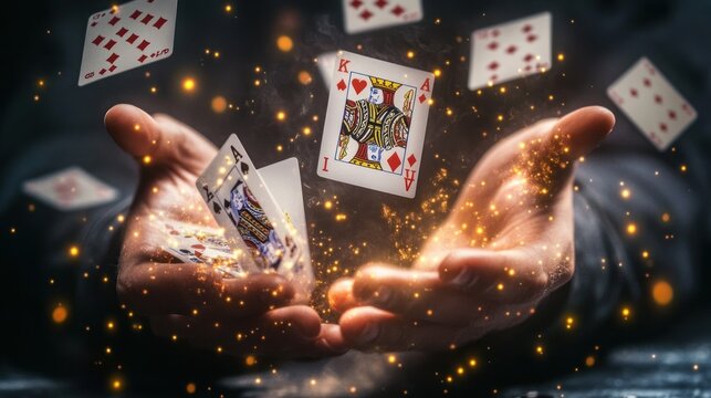 Hands levitating playing cards in a magical display