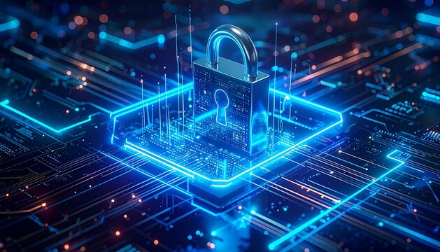 Futuristic Cyber Security Padlock on Microchip Processor &ndash; Digital Data Protection, AI Encryption and Network Security Concept