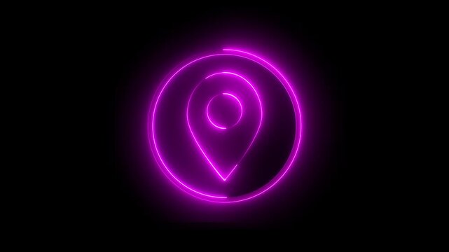 Neon location sign icon animation glowing pink color pointer map address tracking direction journey tags icon footage effect sign symbol on black background