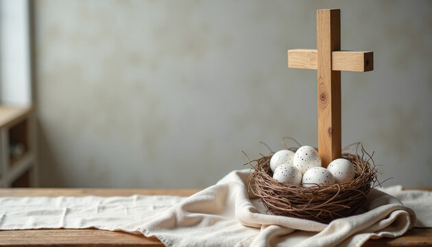 Wooden cross on table next to nest with eggs. Concept of Easter celebrations, springtime, or religious symbolism. Useful for articles on holiday decorations and traditions.