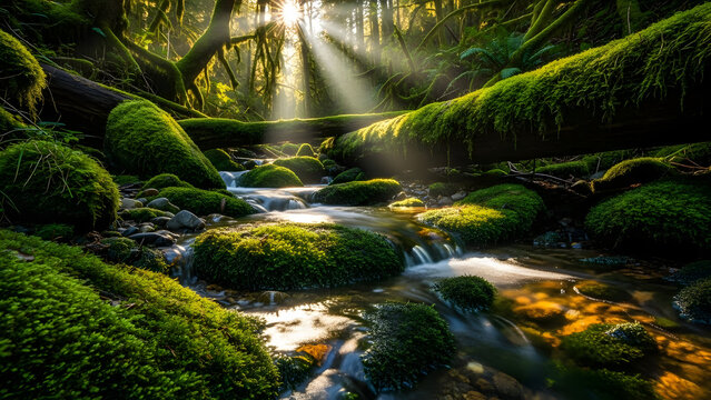 Mossy Stream Rocks in Forest Glade.