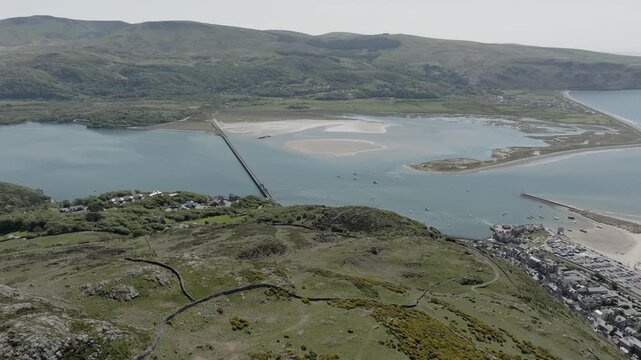 Barmouth North West Wales Estuary Hills Bridge Aerial View