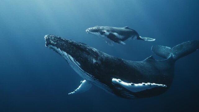 Humpback whale and calf gliding through deep blue water, calm peaceful intimate moment of mother and child