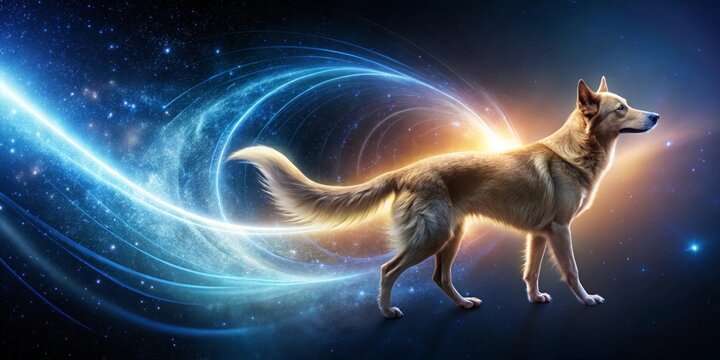 A Golden Canine Transcends the Cosmic Veil, Embarking on an Interdimensional Journey Through Nebulous Galaxies