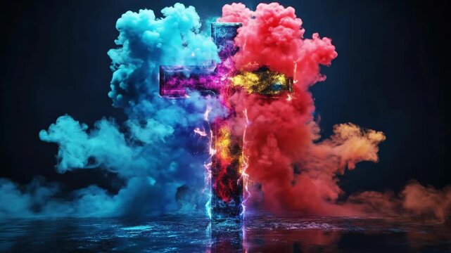 Vibrant abstract cross with glowing colors on dark background. Easter, Pascha, Paskha, Ostern, Pascua, Paques - Orthodox and Catholic Holiday celebration