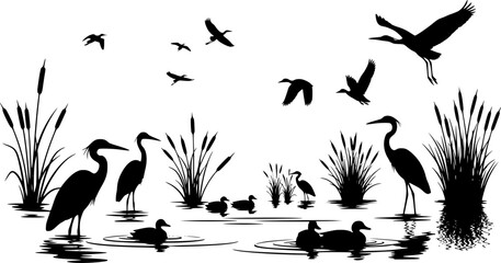 Fototapeta premium Water Bird Silhouette Set - Heron, Crane, and Duck Wildlife Vector Collection
