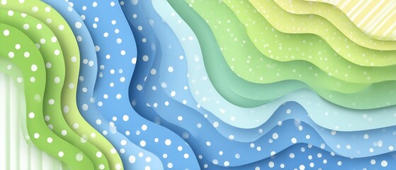 Abstrakcyjne tło z kolorowymi falistymi warstwami papieru w odcieniach zieleni i błękitu z białymi kropkami przypominającymi padający śnieg.