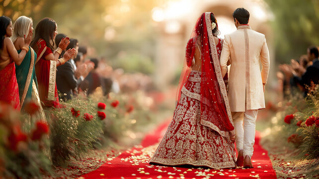 Romantic Golden Hour Portrait of South Asian Wedding Couple in Red Lehenga and Sherwani with Marigold Garland at Sunset