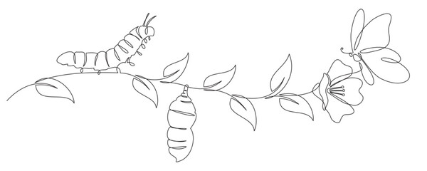 Continuous line of butterflies and cocoons on a branch.eps