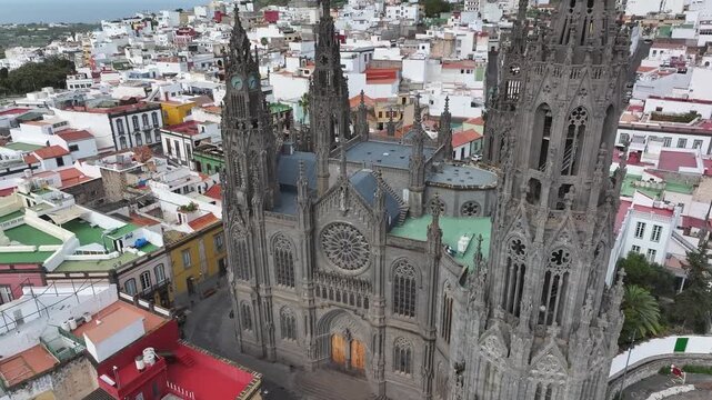 Aerial view of the Neo-Gothic Parish Church of San Juan Bautista in Arucas, Gran Canaria, Canary Islands, Spain