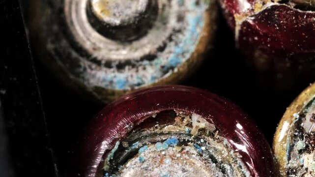 Extreme macro rotating view of corroded battery contacts with dense chemical residue and oxidation