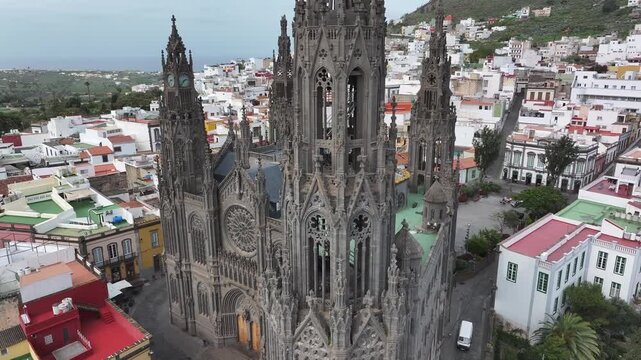 Aerial view of the Neo-Gothic Parish Church of San Juan Bautista in Arucas, Gran Canaria, Canary Islands, Spain