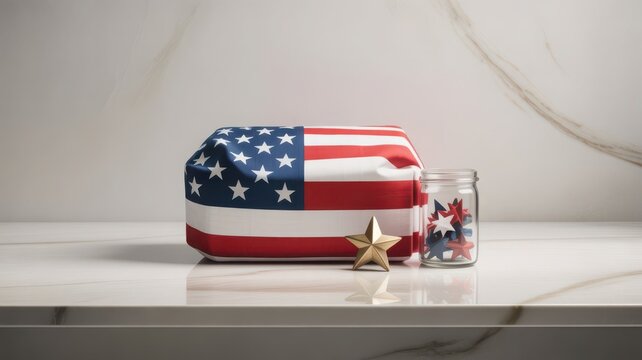 Draped american flag over a closed casket with a star and jar of stars