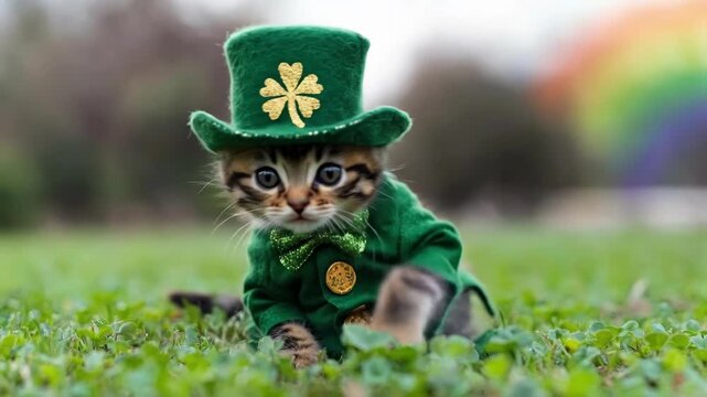 Adorable kitten in st. patrick's day outfit with green hat and bowtie in clover field. Saint Patrick's Day, St Paddy's Day, St Patty's Day - Irish National Holiday and Cultural Celebration