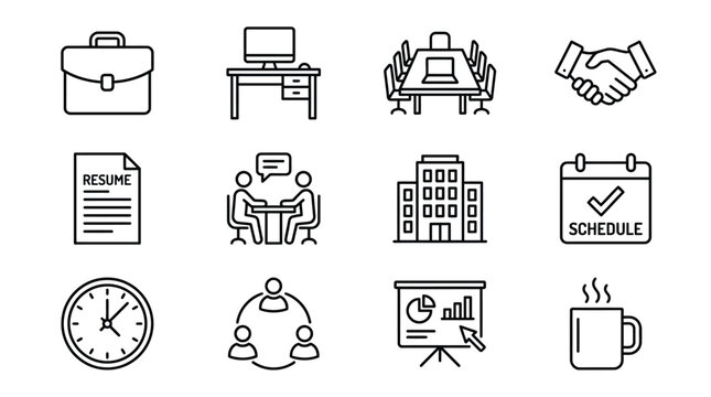 A collection of business and office-related line icons including briefcase, desk, meeting, handshake, resume, interview, building, schedule, clock, team, presentation, and coffee.