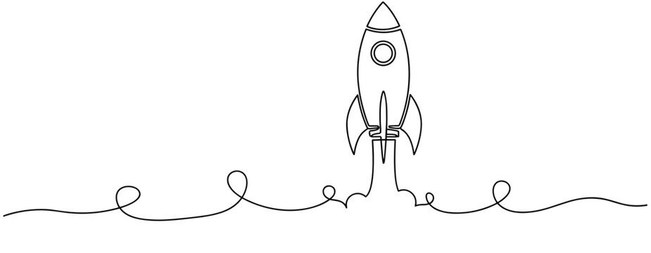 Minimalist continuous line drawing of a rocket launch with swirls. No editable stroke