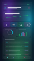 A sleek infographic dashboard displaying various charts and graphs in a futuristic interface with neon colors viewed from directly ahead