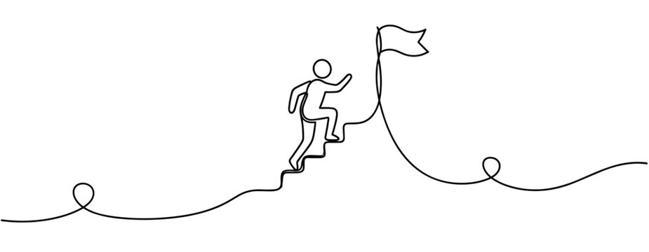 Minimalist line art of person climbing steps towards goal. No editable stroke