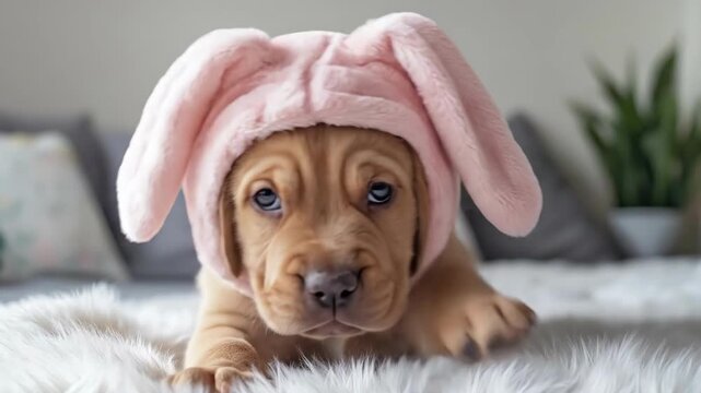 Adorable puppy in pink bunny hat lying on a fluffy bed. Easter, Pascha, Paskha, Ostern, Pascua, Paques - Orthodox and Catholic Holiday celebration