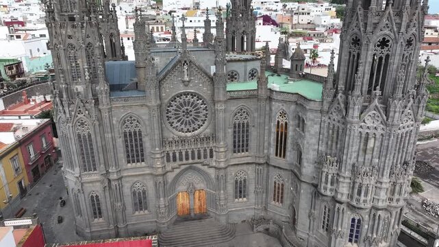 Aerial view of the Neo-Gothic Parish Church of San Juan Bautista in Arucas, Gran Canaria, Canary Islands, Spain