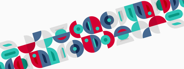 Fototapeta premium Abstract geometric shapes repeat diagonally. Circles, rectangles, teal, red, navy colors dominate white background. Modern design.