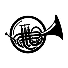 french horn icon silhouette illustration for music, brass, and orchestral instrument design use