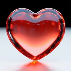 translucent glossy red glass heart on a reflective surface against a dark background, glowing highlights and warm romantic mood