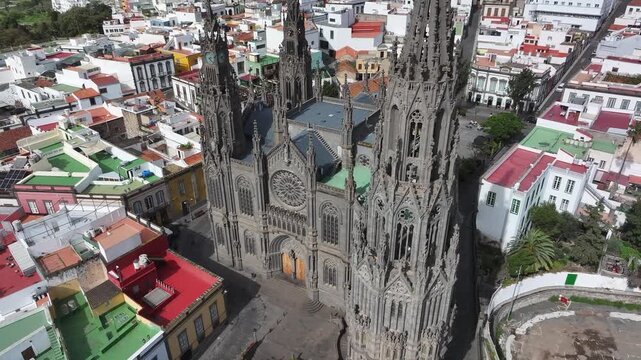 Aerial view of the Neo-Gothic Parish Church of San Juan Bautista in Arucas, Gran Canaria, Canary Islands, Spain