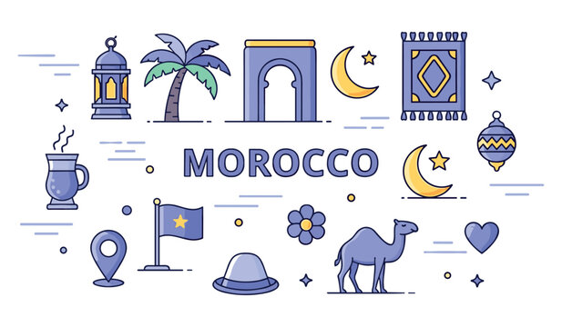 Iconic symbols of morocco: lantern, palm, arch, moon, camel, and more