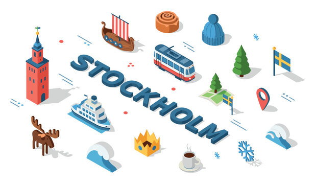 Stockholm icon set: scandinavian symbols with moose, viking ship, and swedish flag
