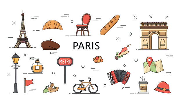 Parisian icons: eiffel tower, croissant, baguette, arc de triomphe, metro, bicycle, coffee