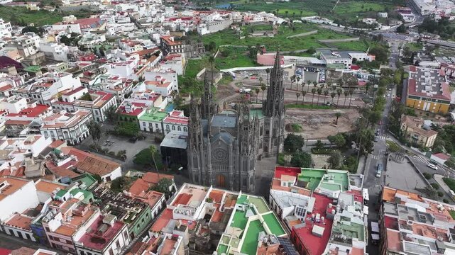 Aerial view of the Neo-Gothic Parish Church of San Juan Bautista in Arucas, Gran Canaria, Canary Islands, Spain