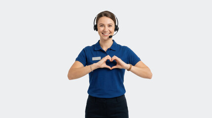 Fototapeta premium Cheerful customer service woman making heart shape hands isolated on white