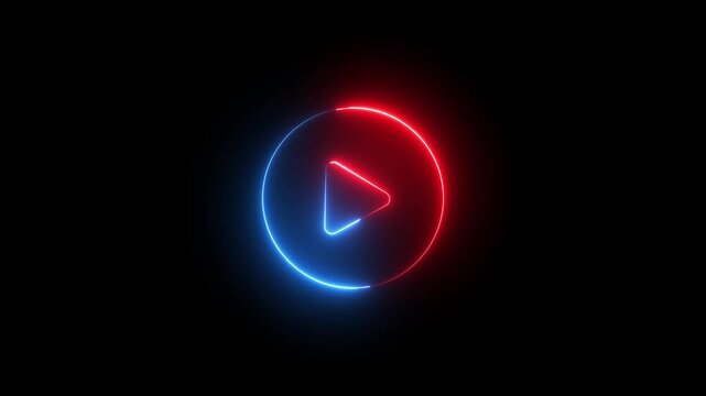 Neon Play button sign icon animation glowing red and blue color circle media audio and video music stop player pause press click push start button press icon on black background