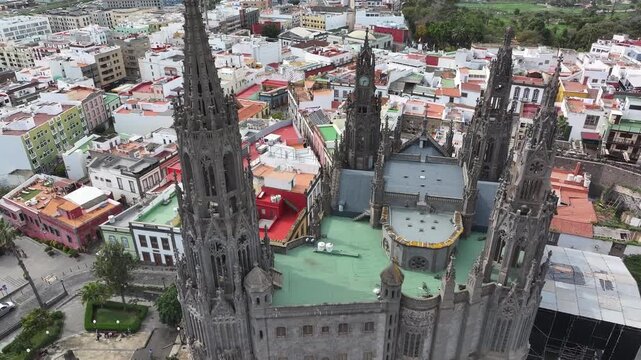 Aerial view of the Neo-Gothic Parish Church of San Juan Bautista in Arucas, Gran Canaria, Canary Islands, Spain
