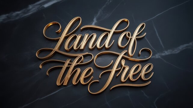 Golden lettering spelling land of the free against a dark marbled background